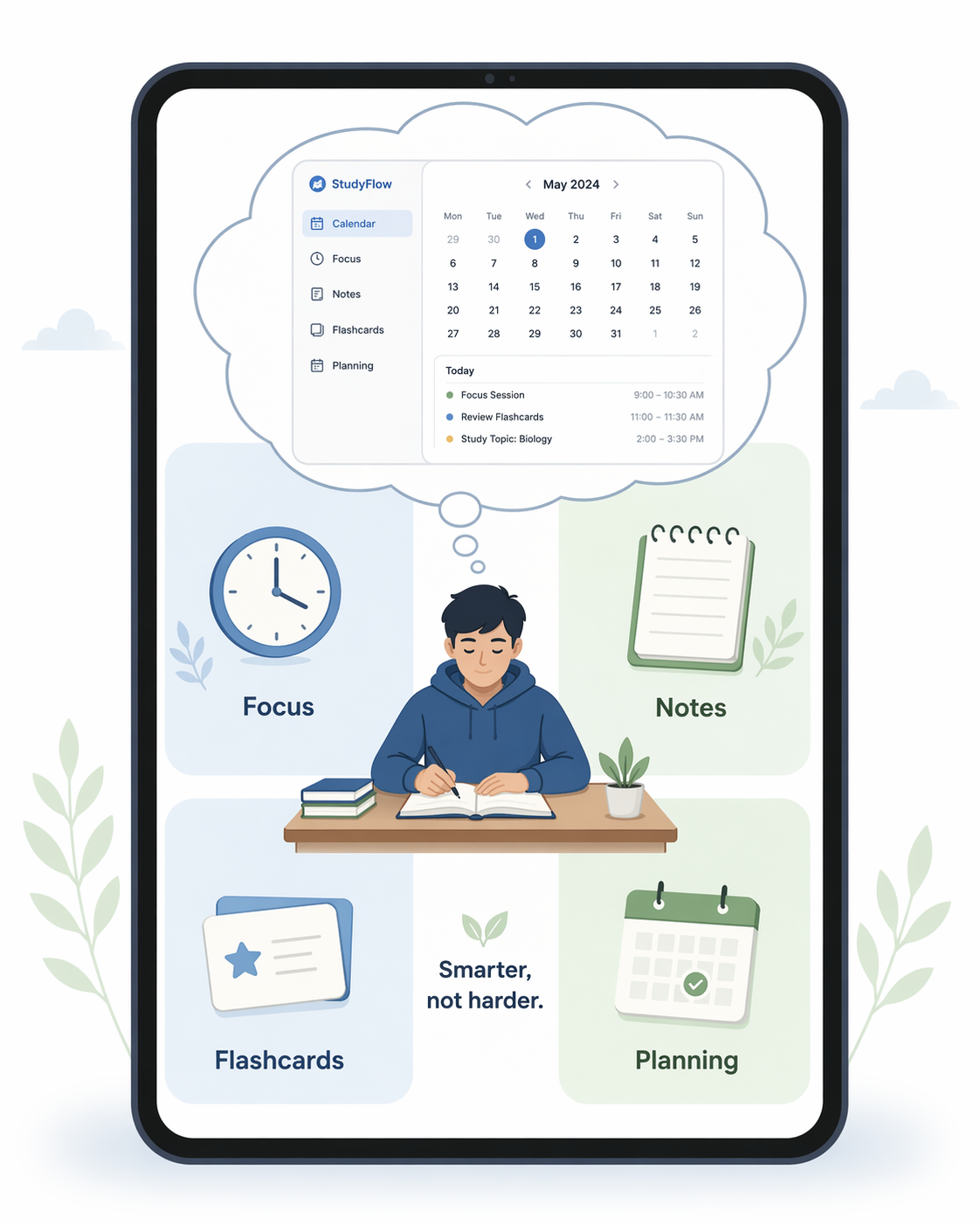 A smartphone screen divided into four labeled quadrants representing Focus, Notes, Flashcards, and Planning, with a student in the center.