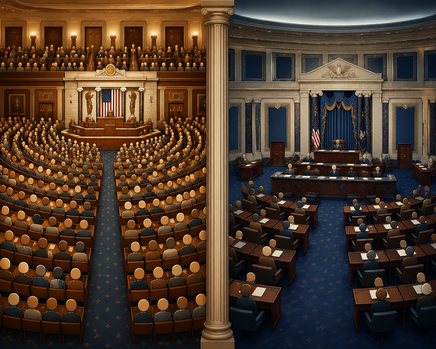 Illustration comparing the House of Representatives and Senate chambers