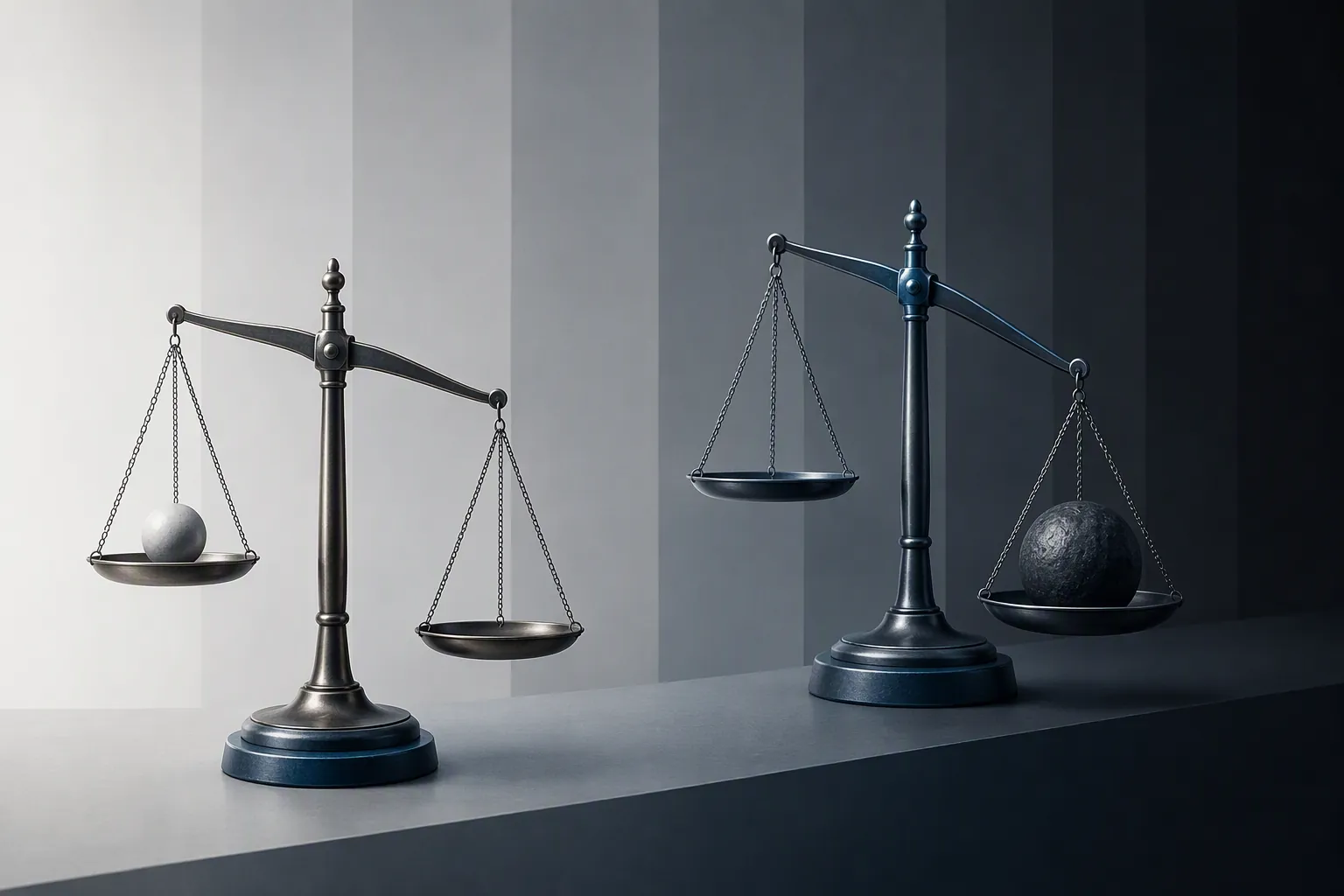 Balanced scales and a heavier tilted scale representing degrees of legal accountability