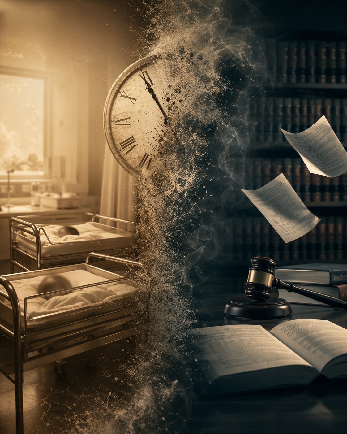 Hospital nursery and law library divided by clocks suggesting decades of elapsed time