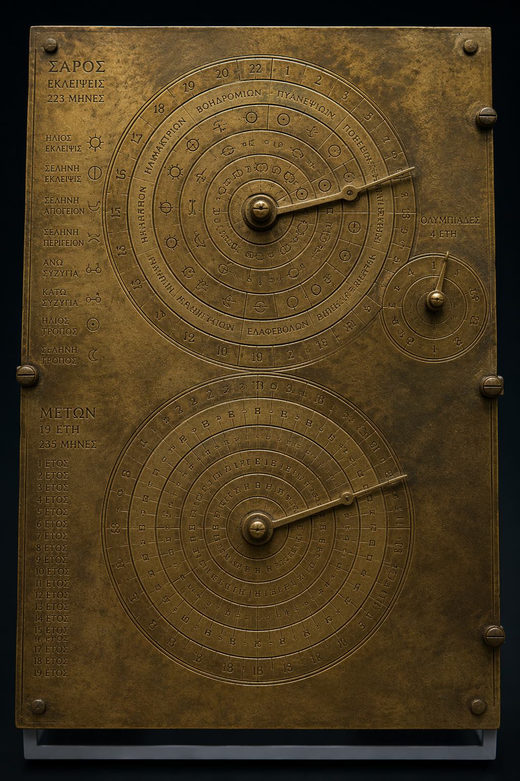 Bronze reconstruction of the Antikythera Mechanism back panel with spiral Saros and Metonic dials