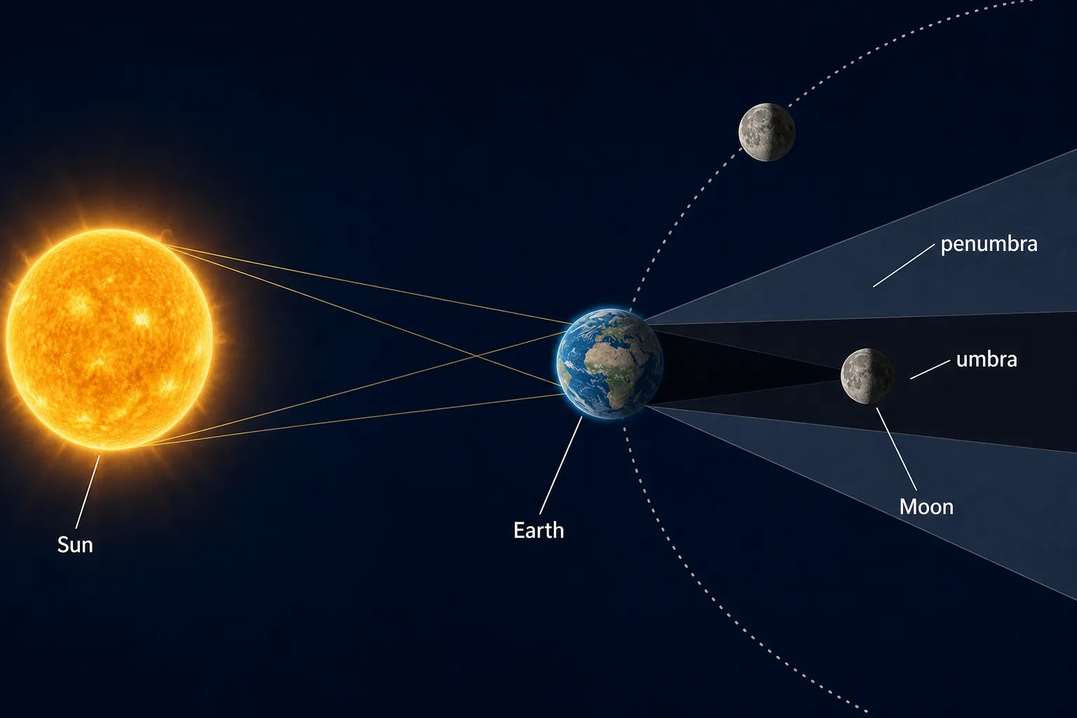 Diagram of the Sun, Earth, and Moon showing the Moon partly inside Earth's umbra and another Moon above the shadow on a tilted orbit