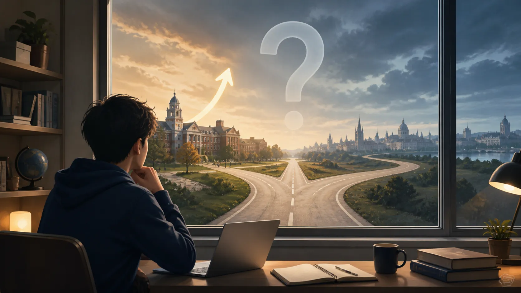 International student at a desk looking toward two study and career paths, one toward a U.S. campus and another toward Europe