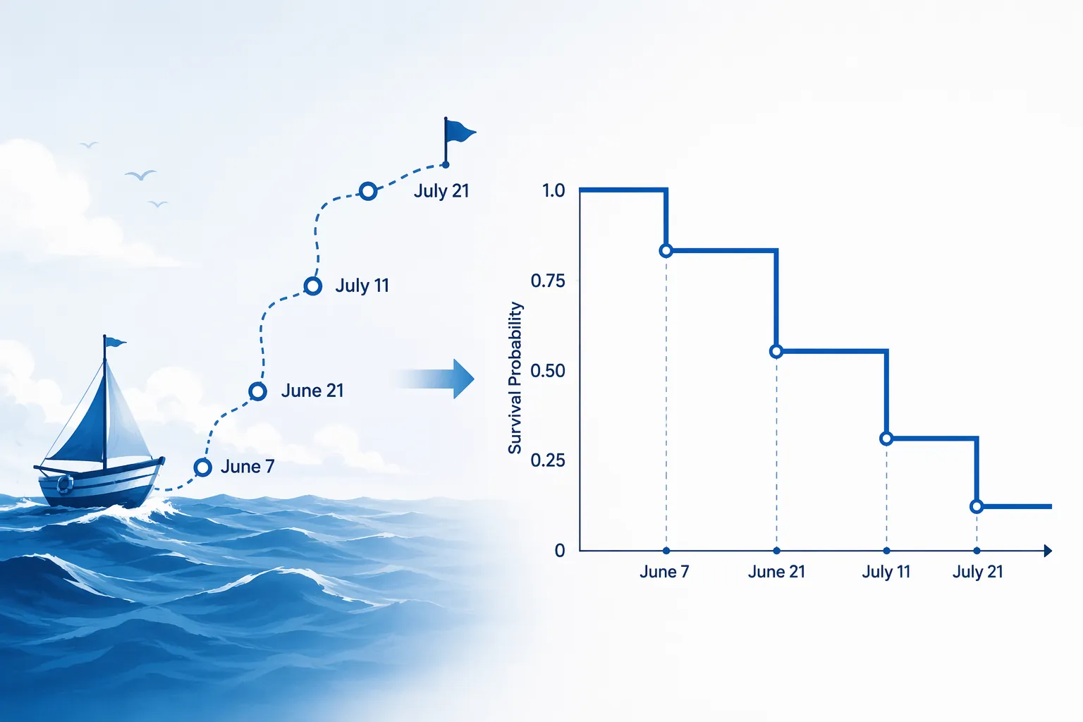 Sailboat voyage timeline with date markers transitioning into a Kaplan-Meier survival curve