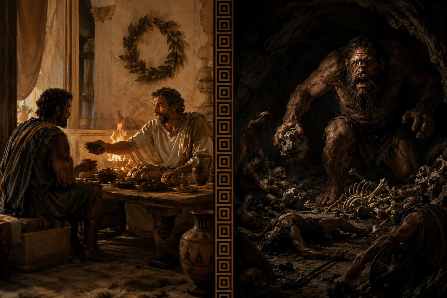 A warm host offering food to a traveler contrasted with Polyphemus in a dark cave