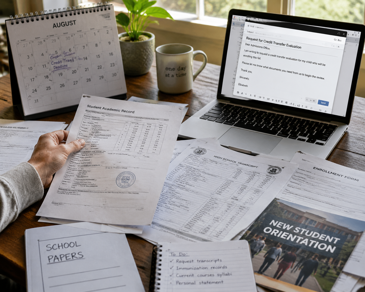 Student records, transcripts, enrollment forms, and an August calendar on a desk