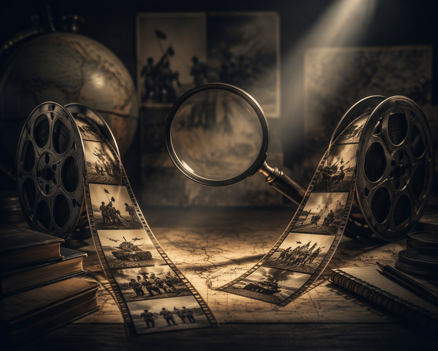 Vintage film reels and a magnifying glass on a dark wooden surface, suggesting close analysis of film evidence