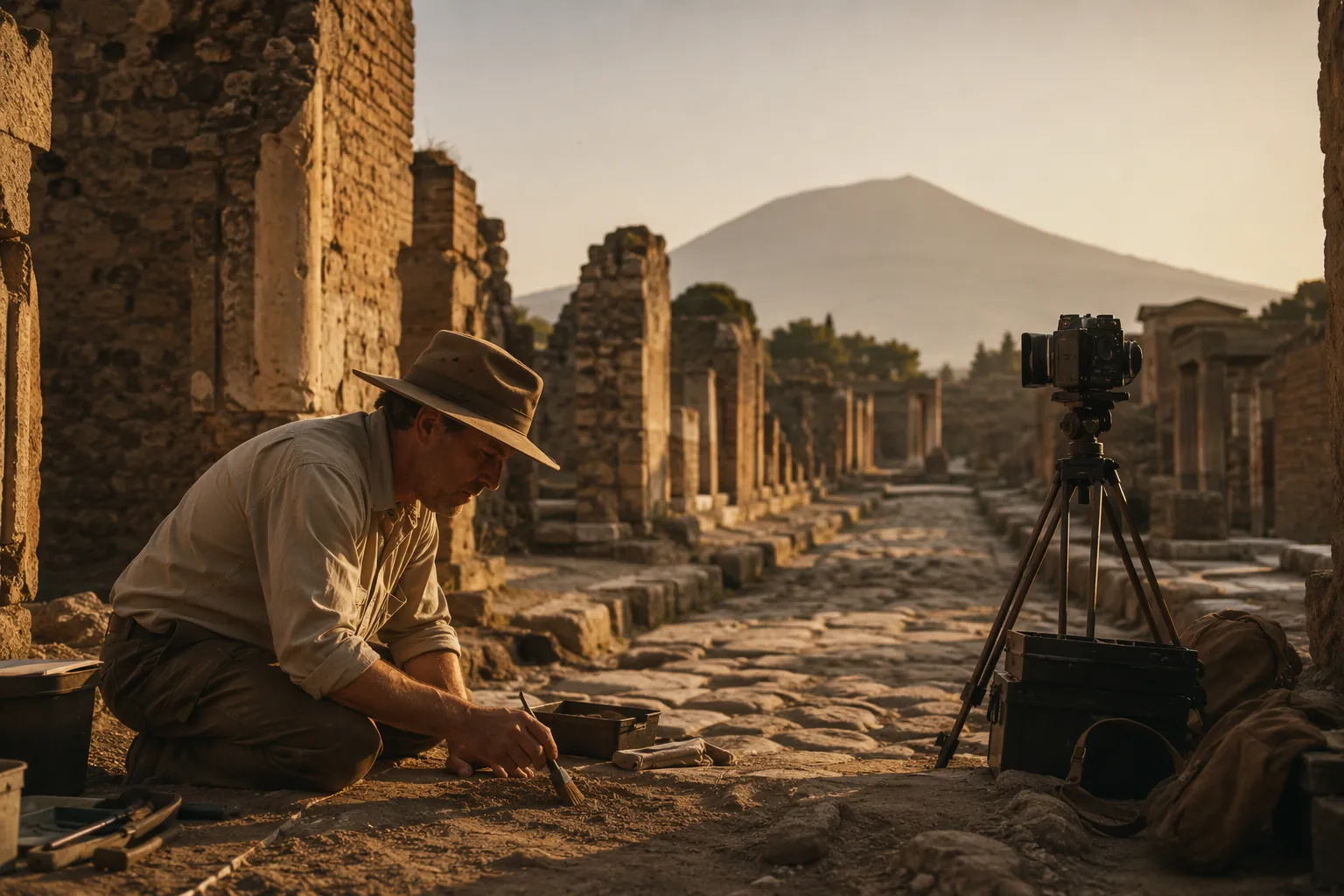 Archaeologist and film equipment among Pompeii ruins with Mount Vesuvius in the distance