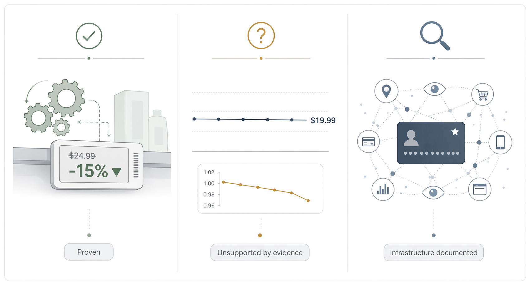 Three-column comparison of dynamic pricing, surge pricing, and surveillance pricing with evidence-status badges