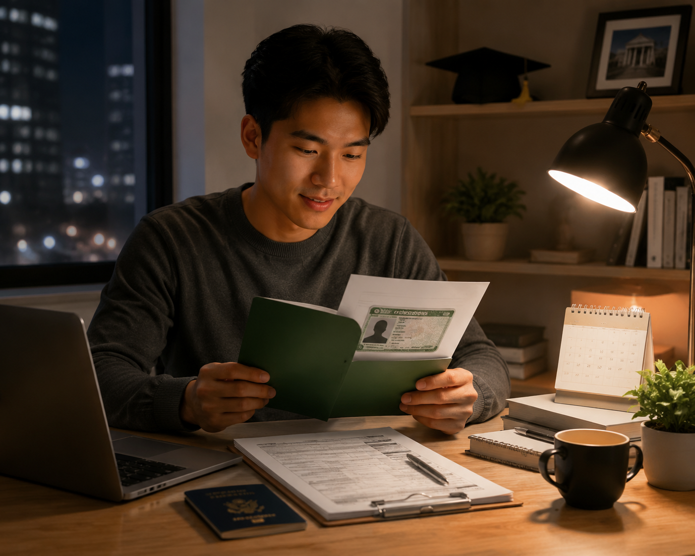 F-1 student reviewing a green card application folder and I-485 form at night