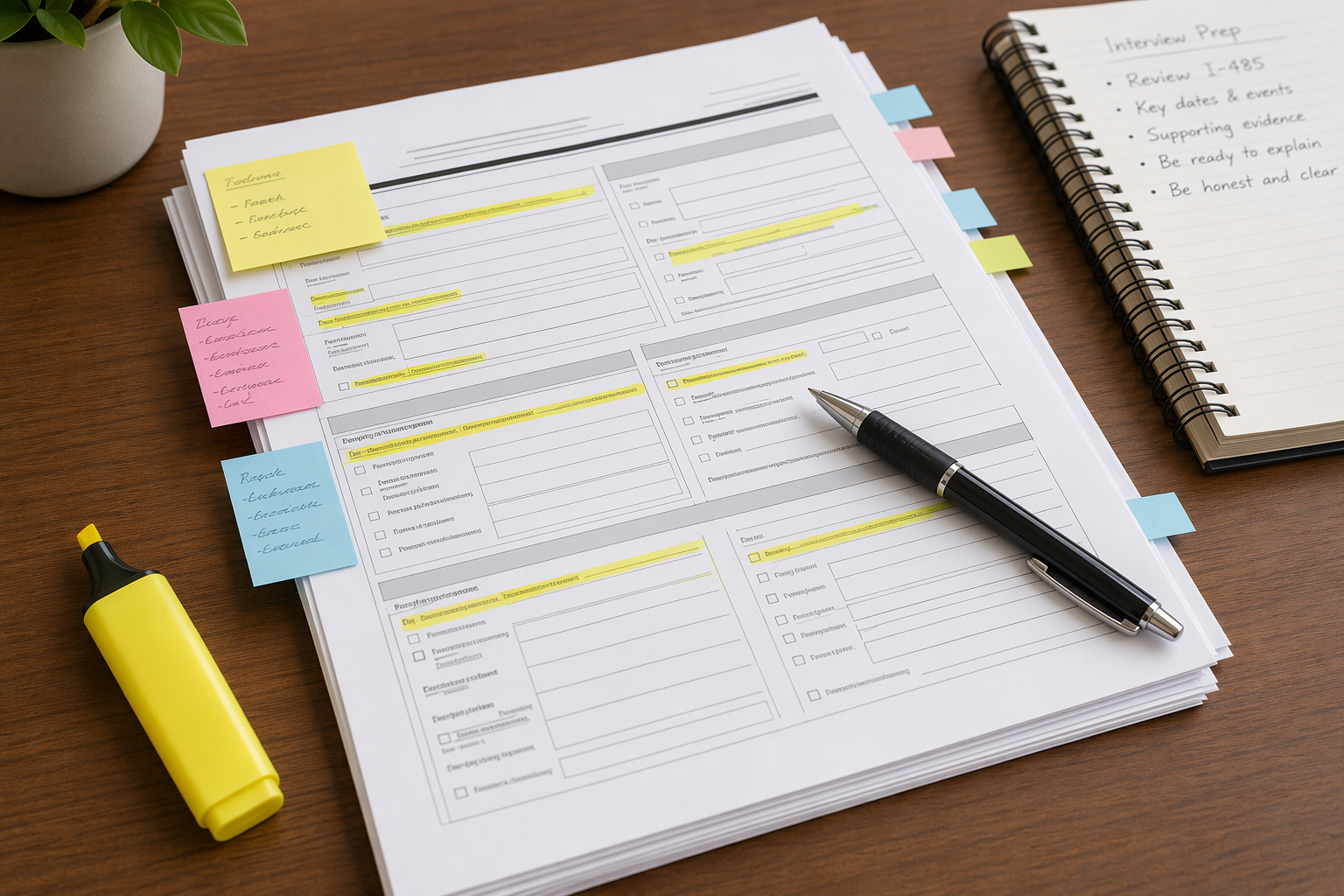Highlighted USCIS I-485 form with sticky notes on a desk