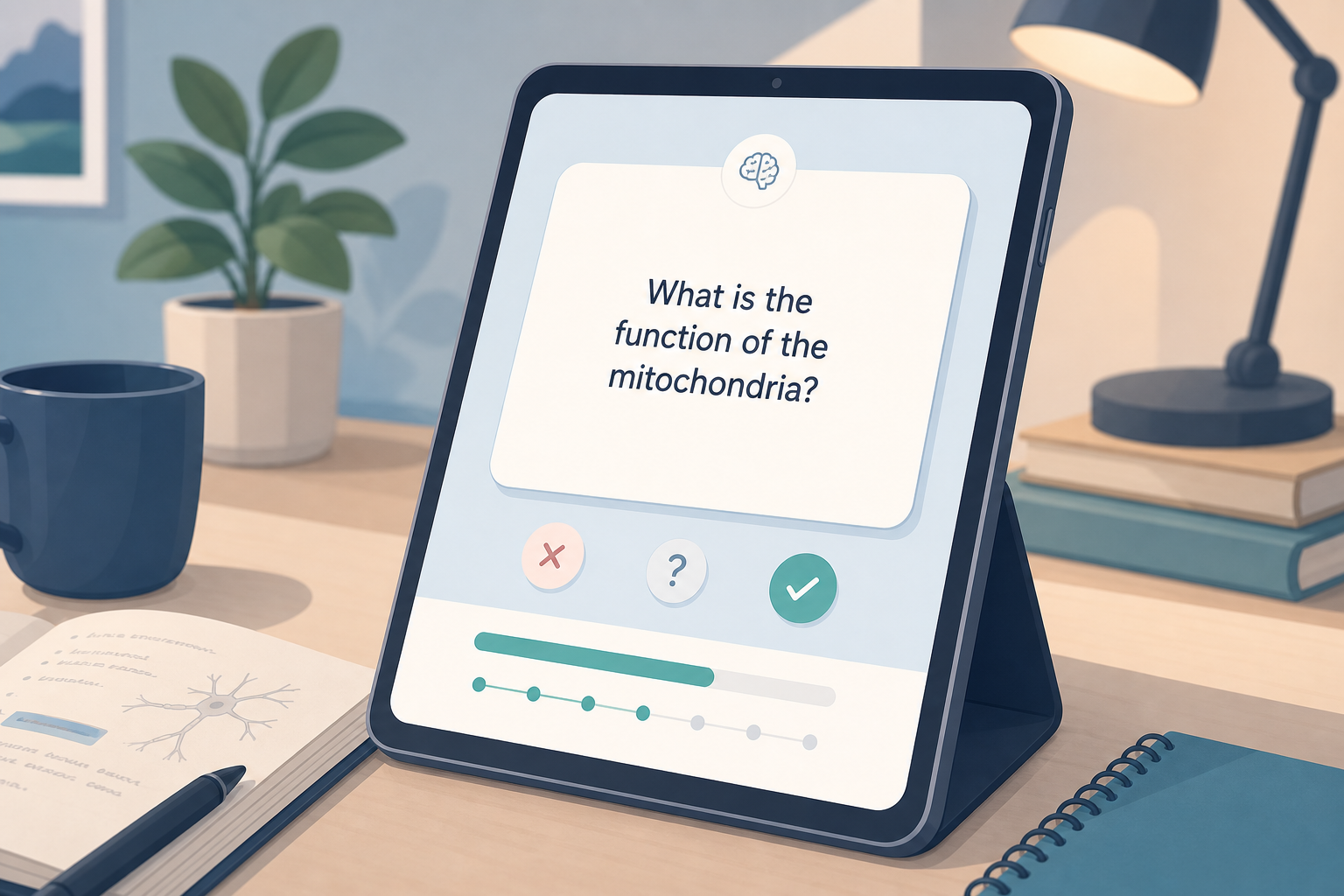 Flat illustration of a tablet showing a digital flashcard review screen with a spaced repetition progress bar on a tidy desk
