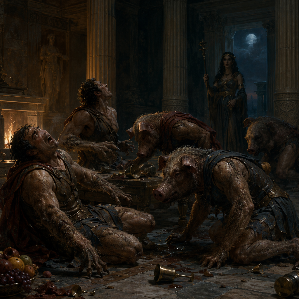 Warriors mid-transformation into pigs in a dark Greek hall, with a shadowed female figure in the background.