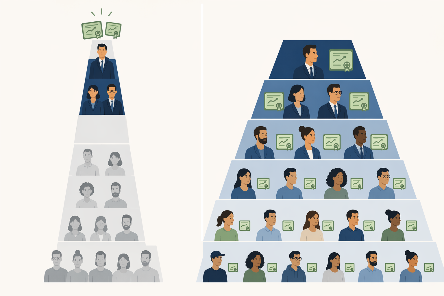 Comparison of executive-only equity and broad proportional equity across company levels