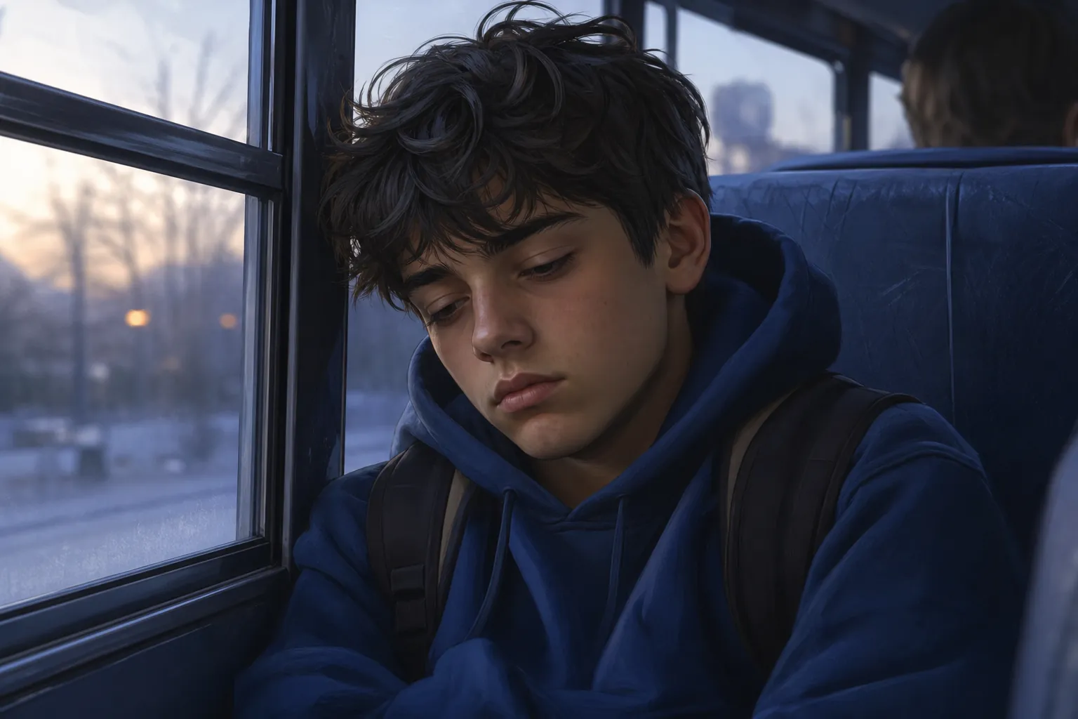 Tired teenager sitting in a dim vehicle interior during an early morning school commute