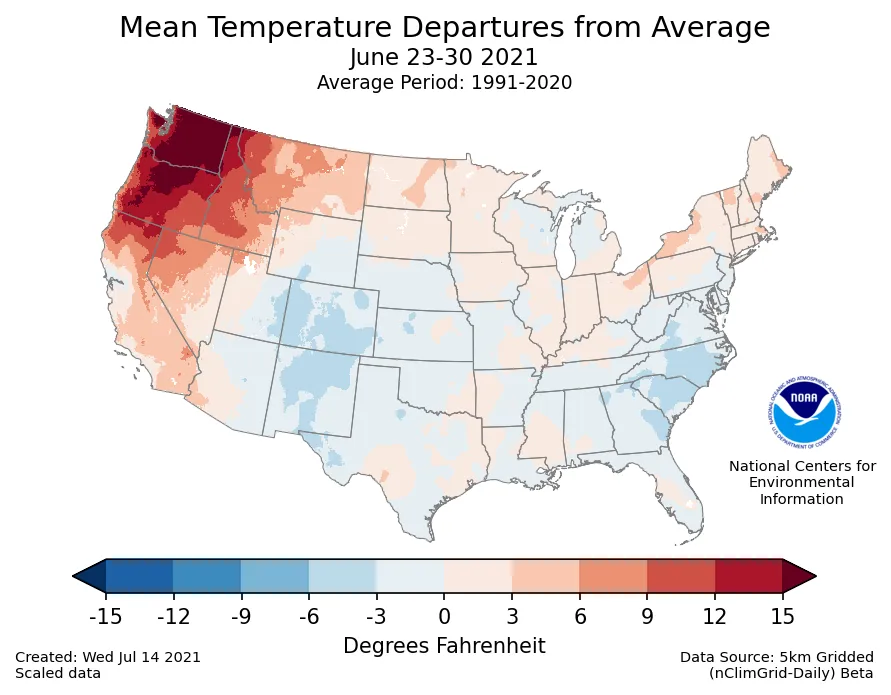 NOAA temperature anomaly map showing extreme positive temperature departures over the Pacific Northwest and western Canada during June 23-30, 2021