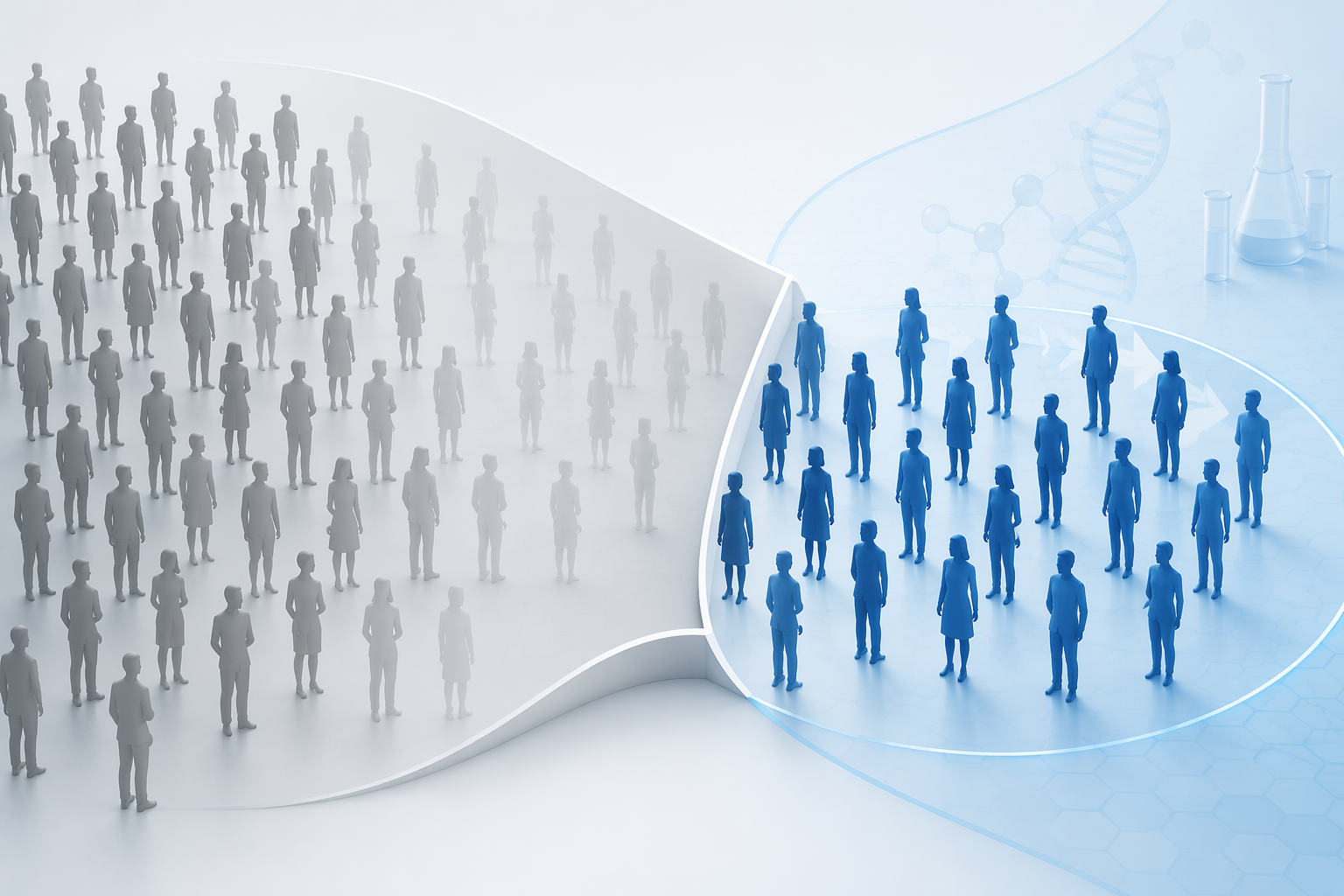 Patient silhouettes split between a gray screened-out zone and a blue enrolled zone