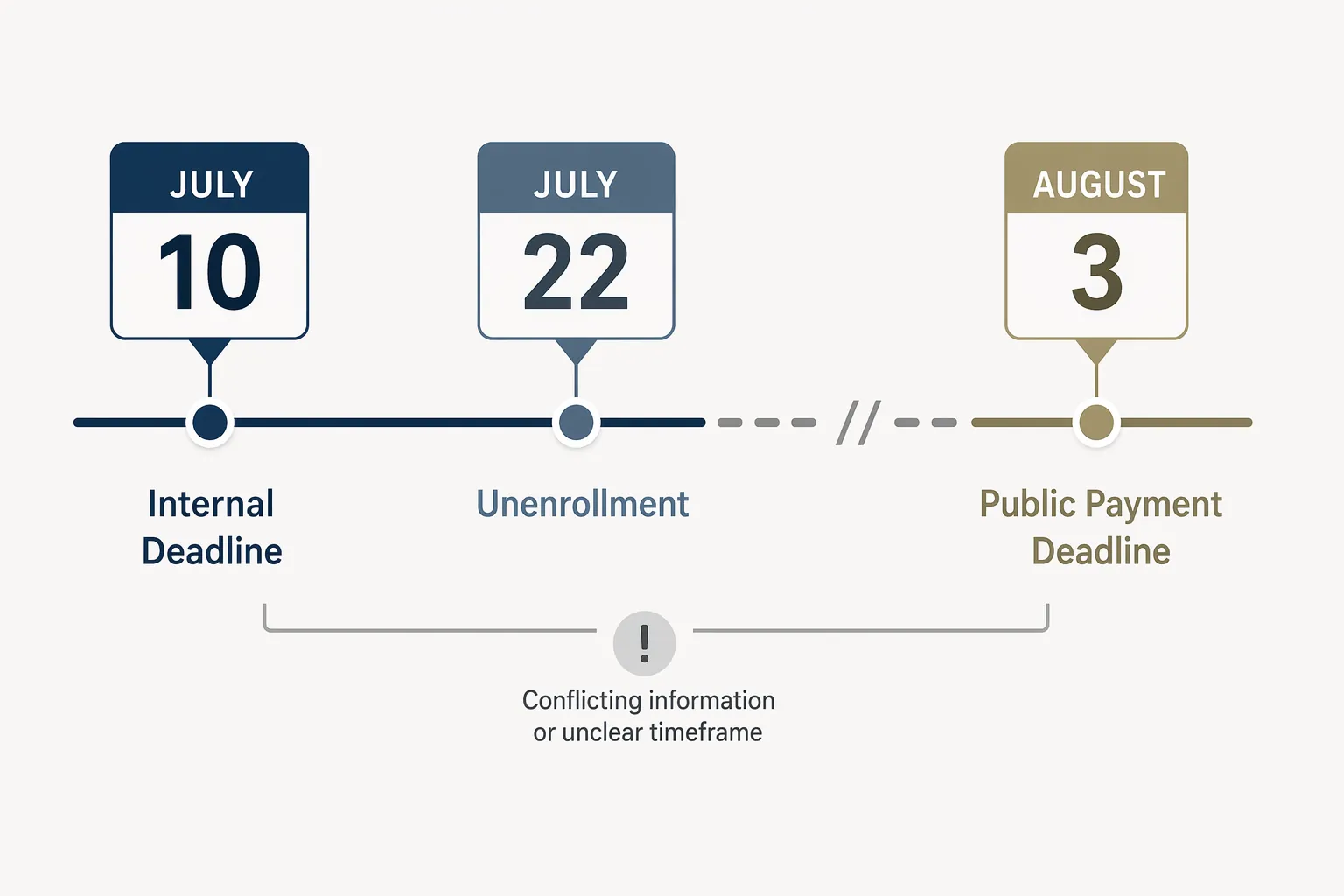 Timeline showing July 10 internal deadline, July 22 unenrollment, and August 3 public payment deadline with a broken line between the dates