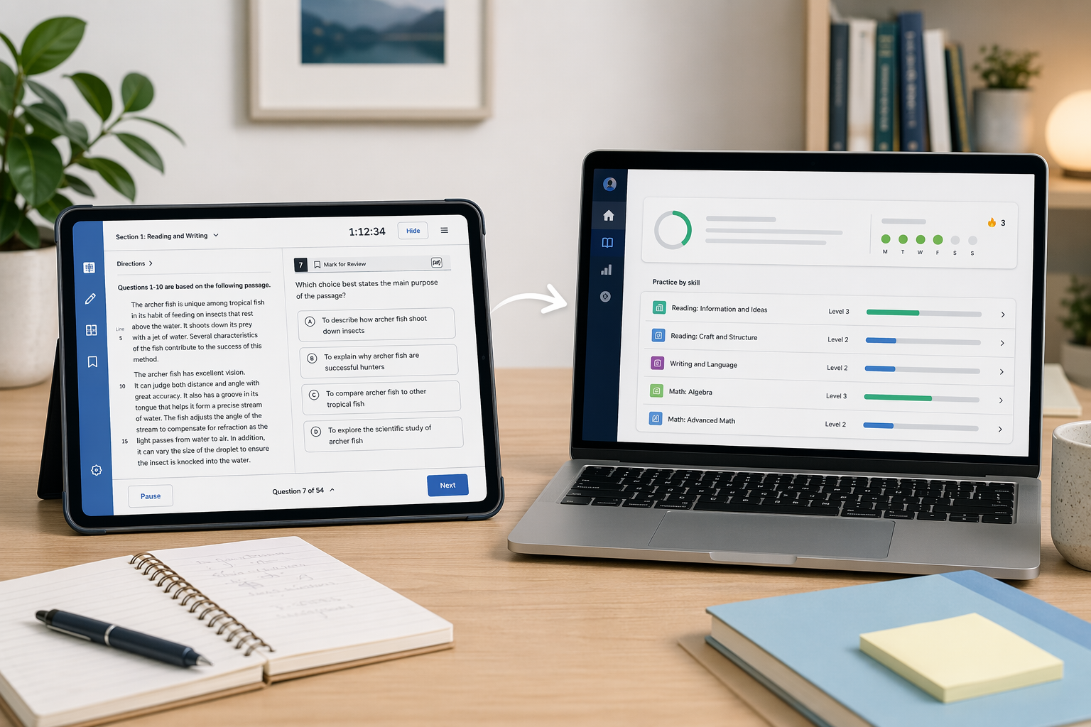A study desk showing Bluebook practice on one device and Khan Academy skill practice on another