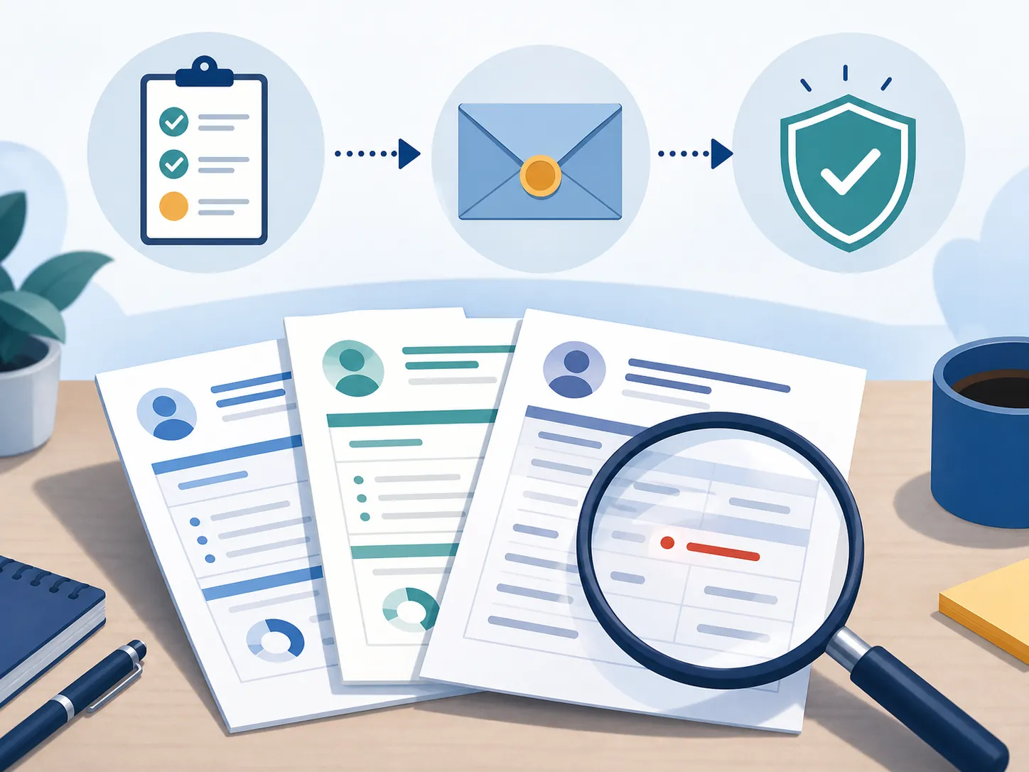 Three credit reports being compared with a magnifying glass, discrepancy mark, checklist, and dispute envelope