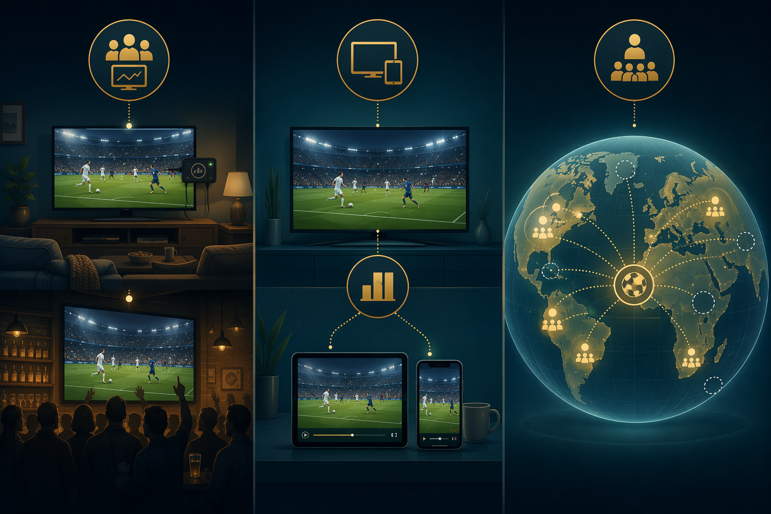 Three-column illustration of panel and out-of-home measurement, hybrid television and phone streaming measurement, and global population-upweighting