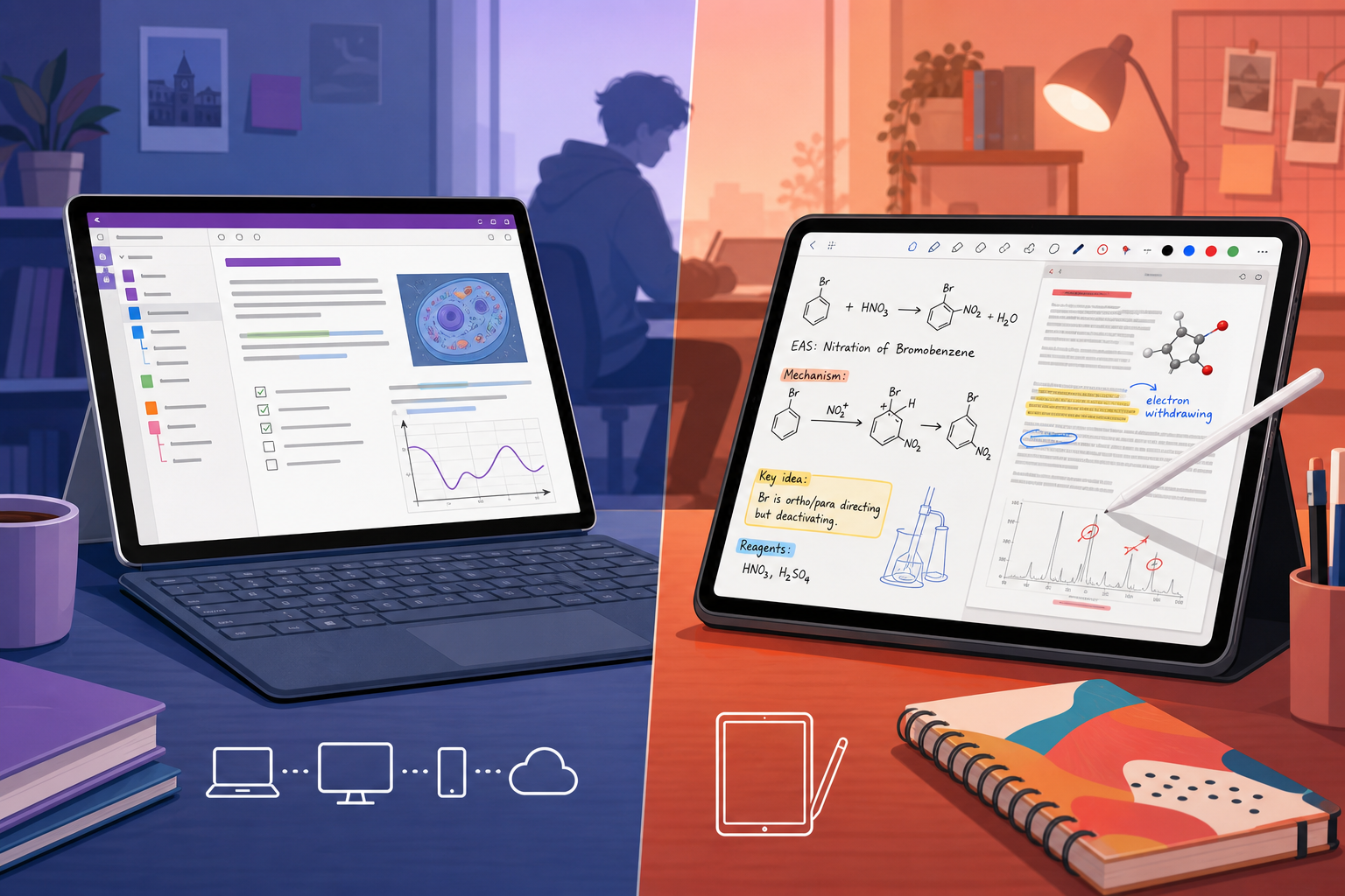 Split-screen illustration: Surface Pro with OneNote's structured typed notes on the left, iPad with Apple Pencil and GoodNotes handwritten chemistry equations on the right.