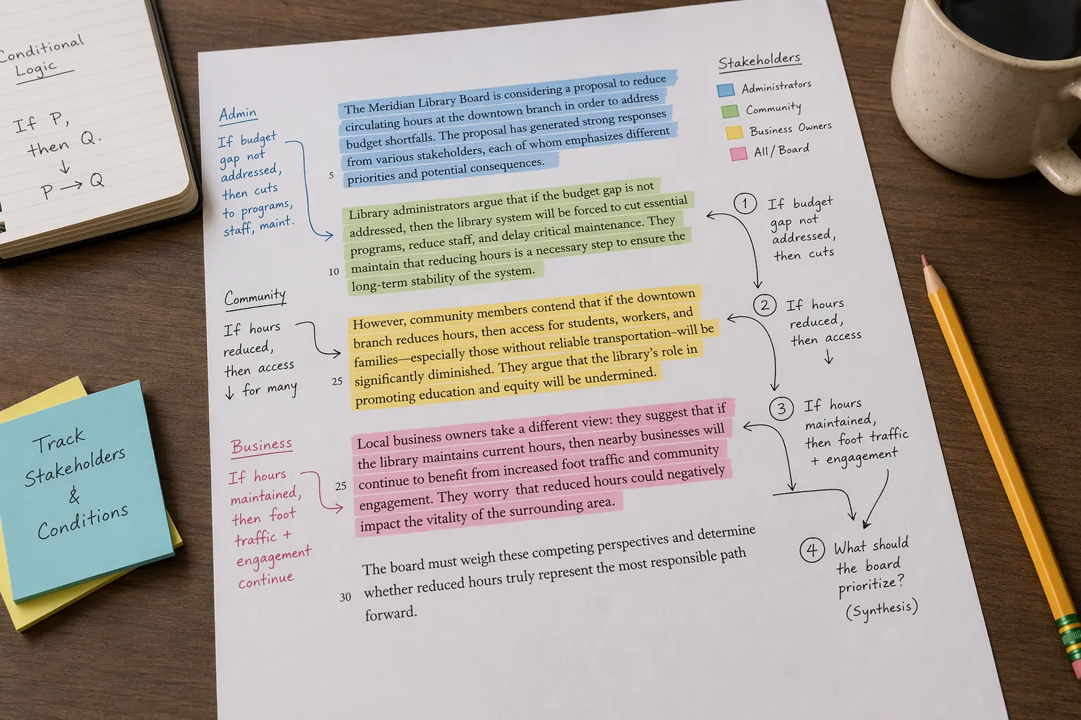 Printed CARS-style passage with color-highlighted stakeholder sections and handwritten conditional logic notes