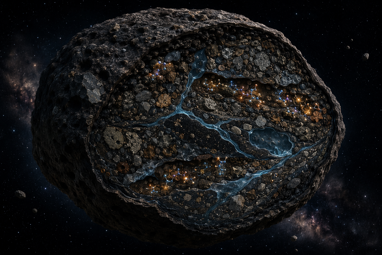 Cutaway view of a dark asteroid parent body with water-filled veins where molecular structures representing amino acids form near mineral surfaces