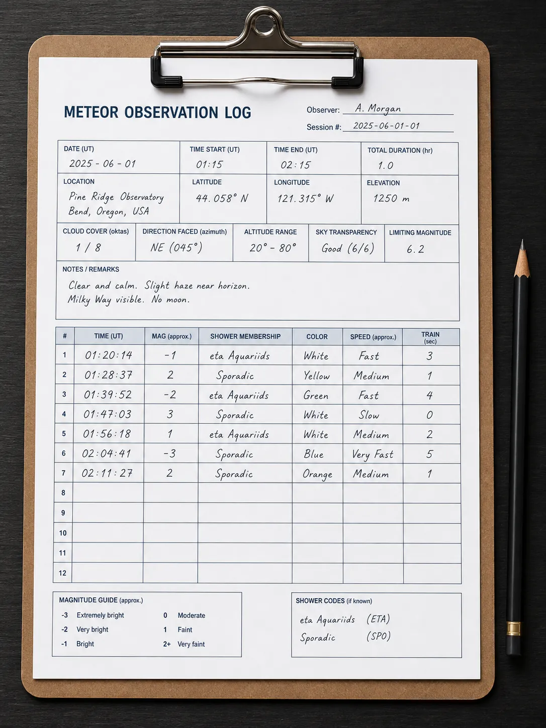 Clipboard holding a structured meteor observation log with fields for time, location, sky conditions, magnitude, speed, shower membership, color, and train