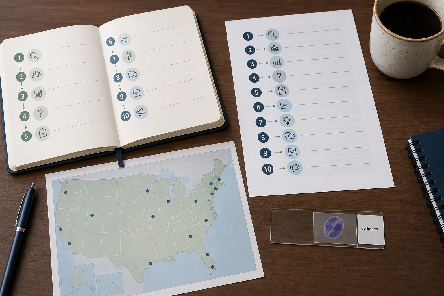 Open epidemiology case study notebook, CDC field investigation document, U.S. outbreak map, and Cyclospora microscope slide on a desk
