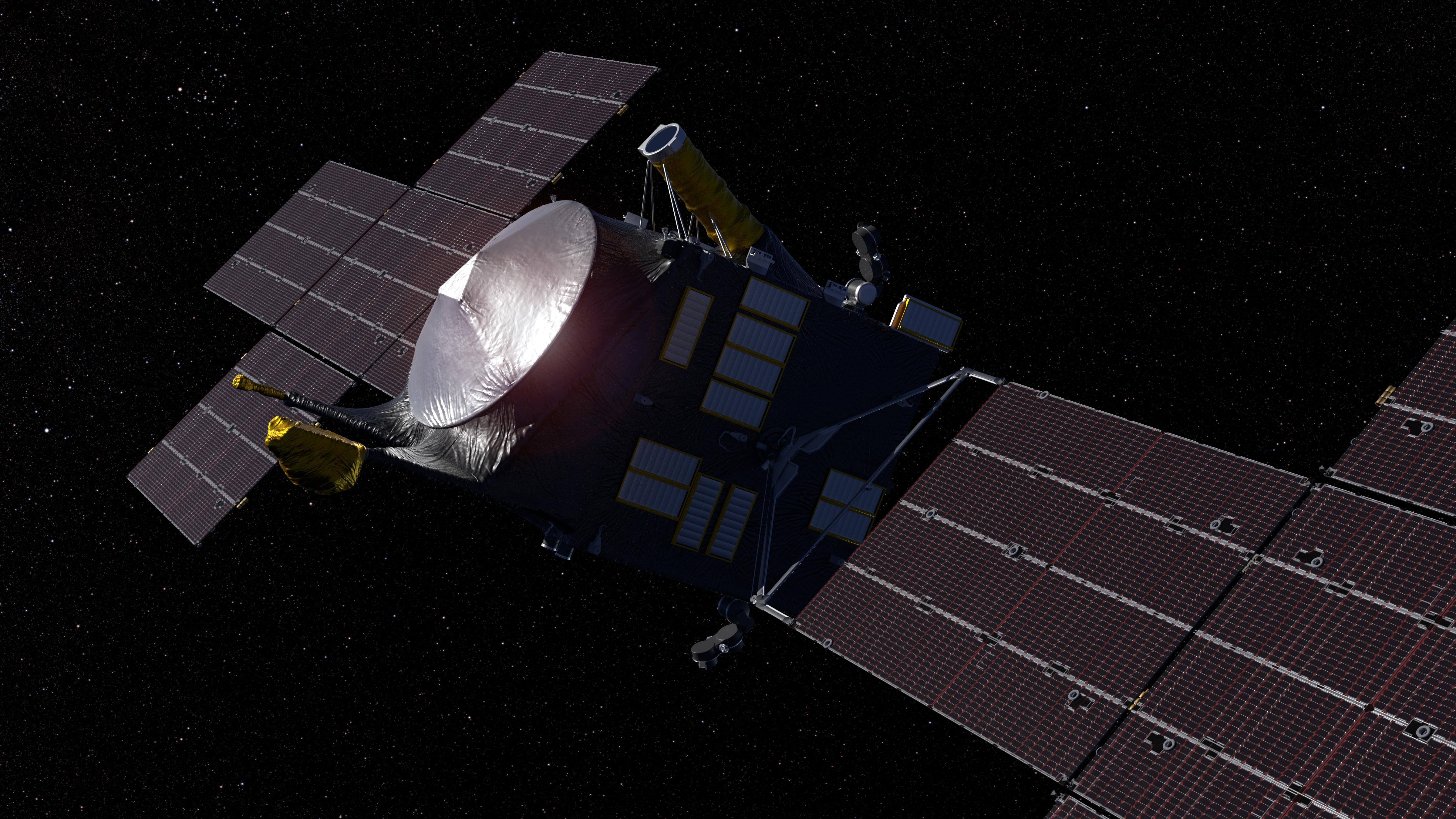 NASA artist concept of the Psyche spacecraft in deep space with large solar panels, a dish antenna, and xenon thruster glow