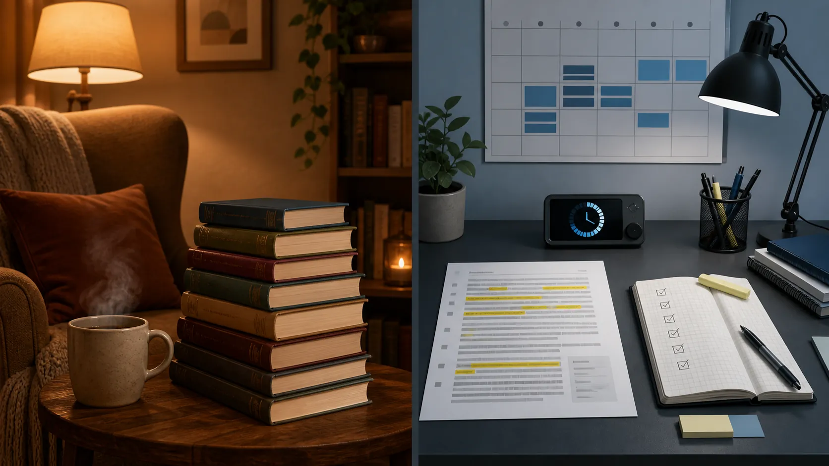 Study desk with a timer, highlighted practice passage, error notebook, and calendar beside a stack of novels