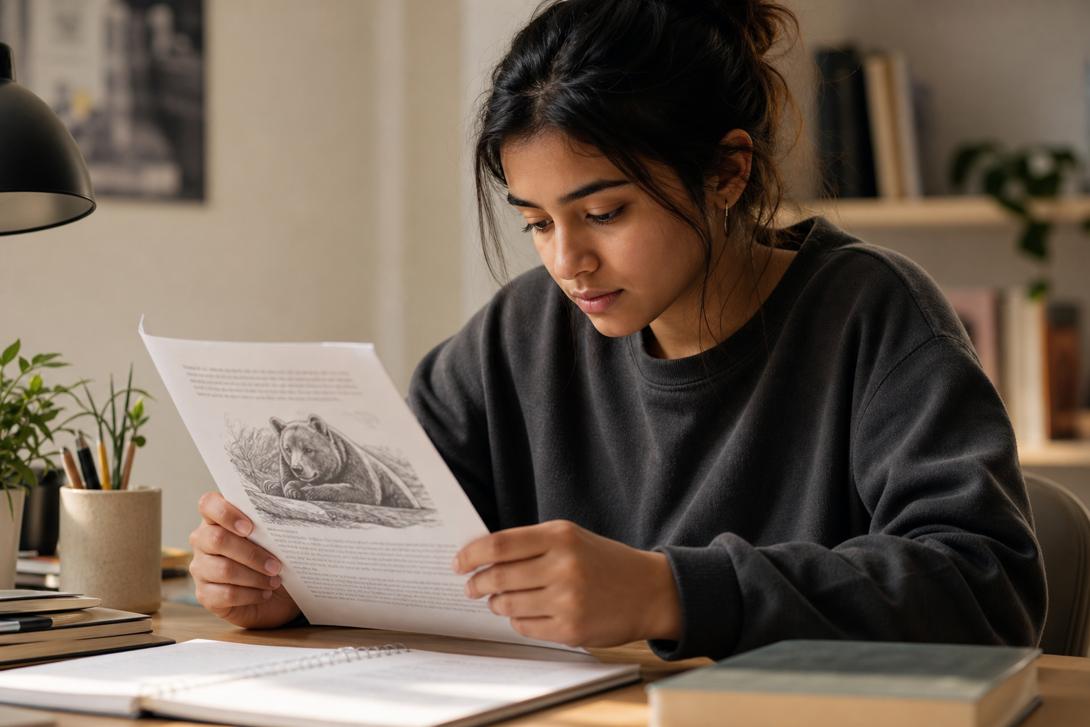 Student reading a printed passage with a bear illustration in a quiet study space