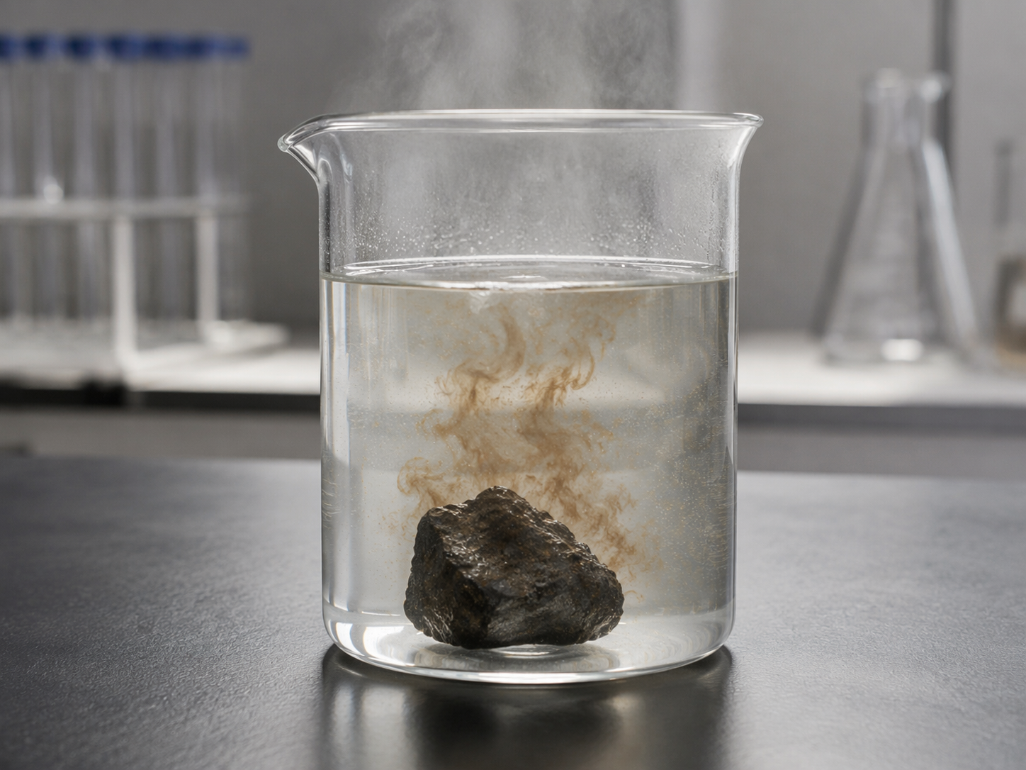 A meteorite fragment in a beaker of hot water illustrating hot-water extraction