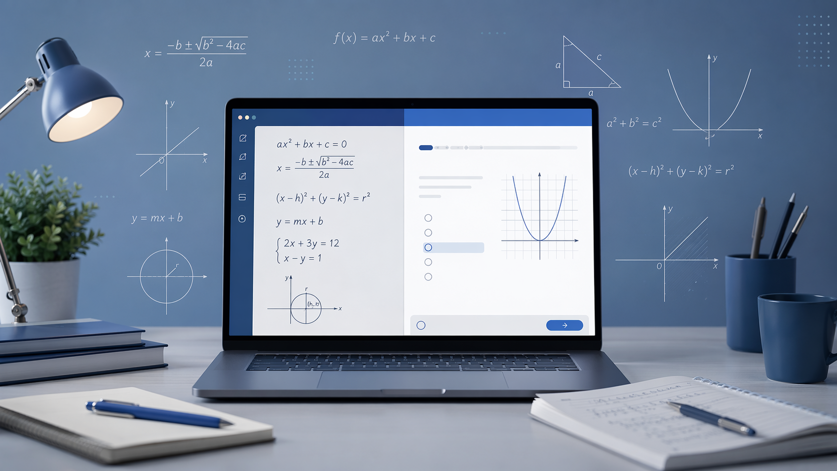 Student workspace for digital SAT Math prep with a laptop, equations, graphs, and an adaptive testing interface