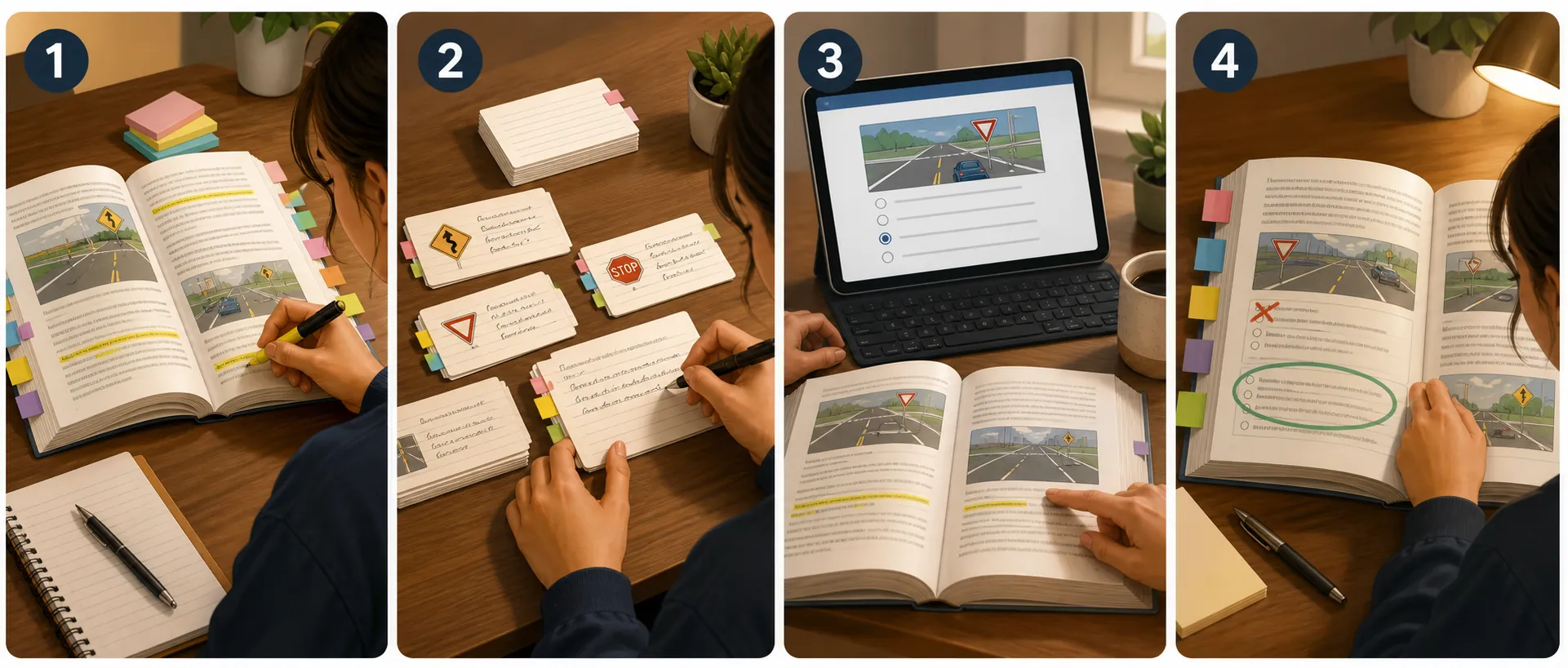 Four-step DMV study protocol from handbook tabs to flashcards, practice tests, and rule review