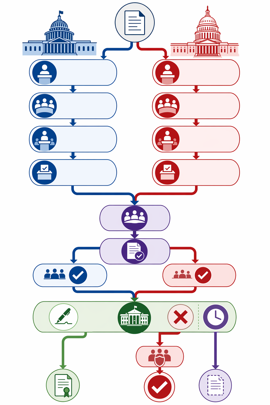 Flowchart of the bill-to-law legislative process through the House and Senate