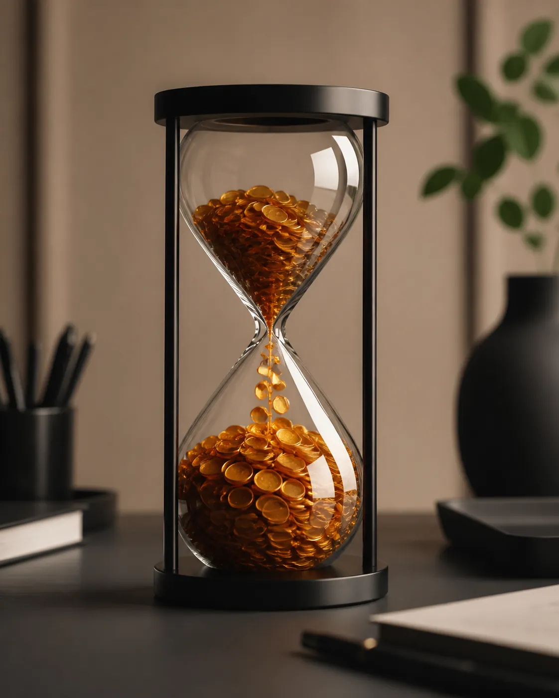 Hourglass filled with glowing token-like coins draining quickly