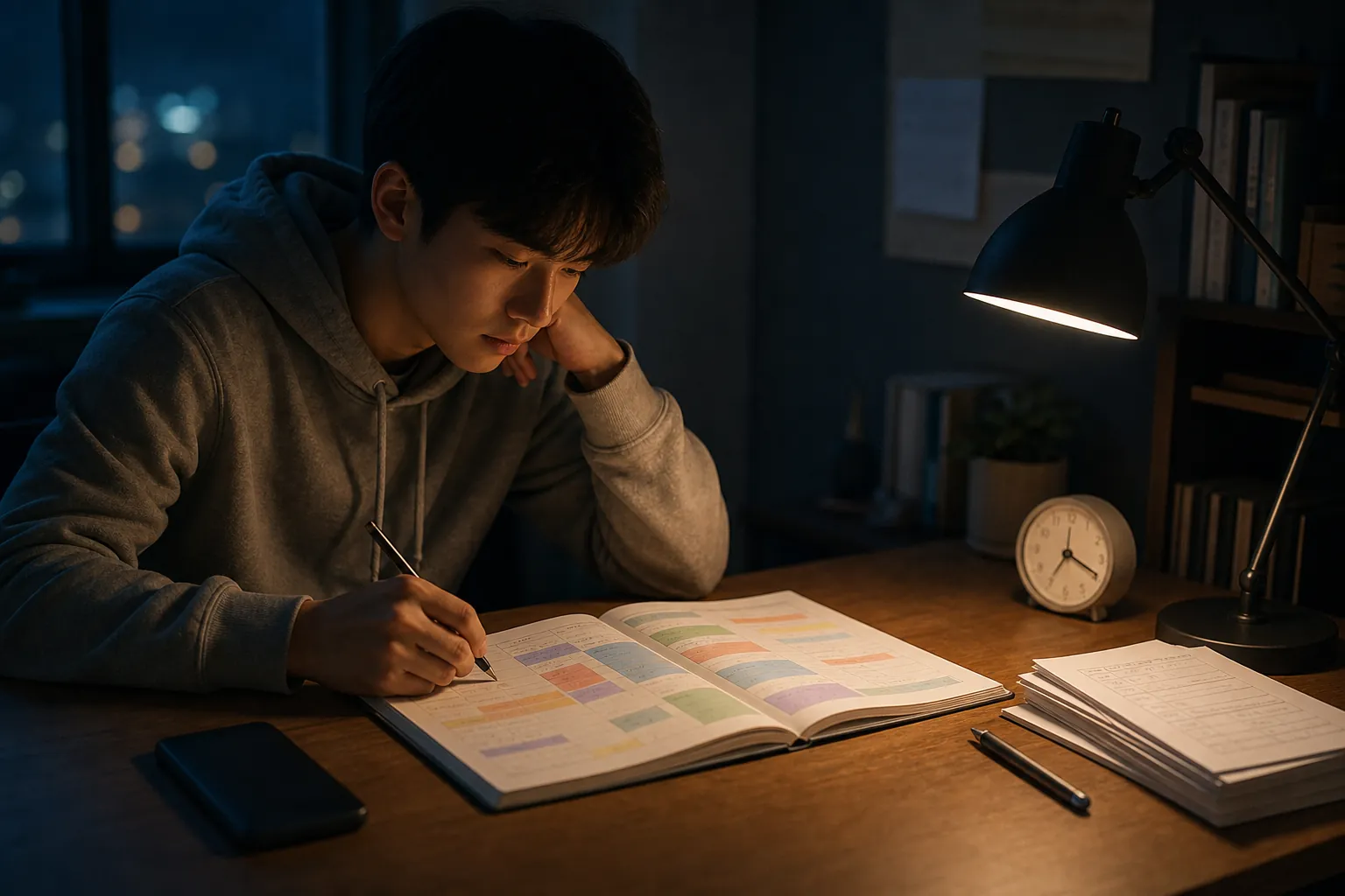 Student desk with an open planner, practice-test pages, clock, and face-down phone under a warm lamp