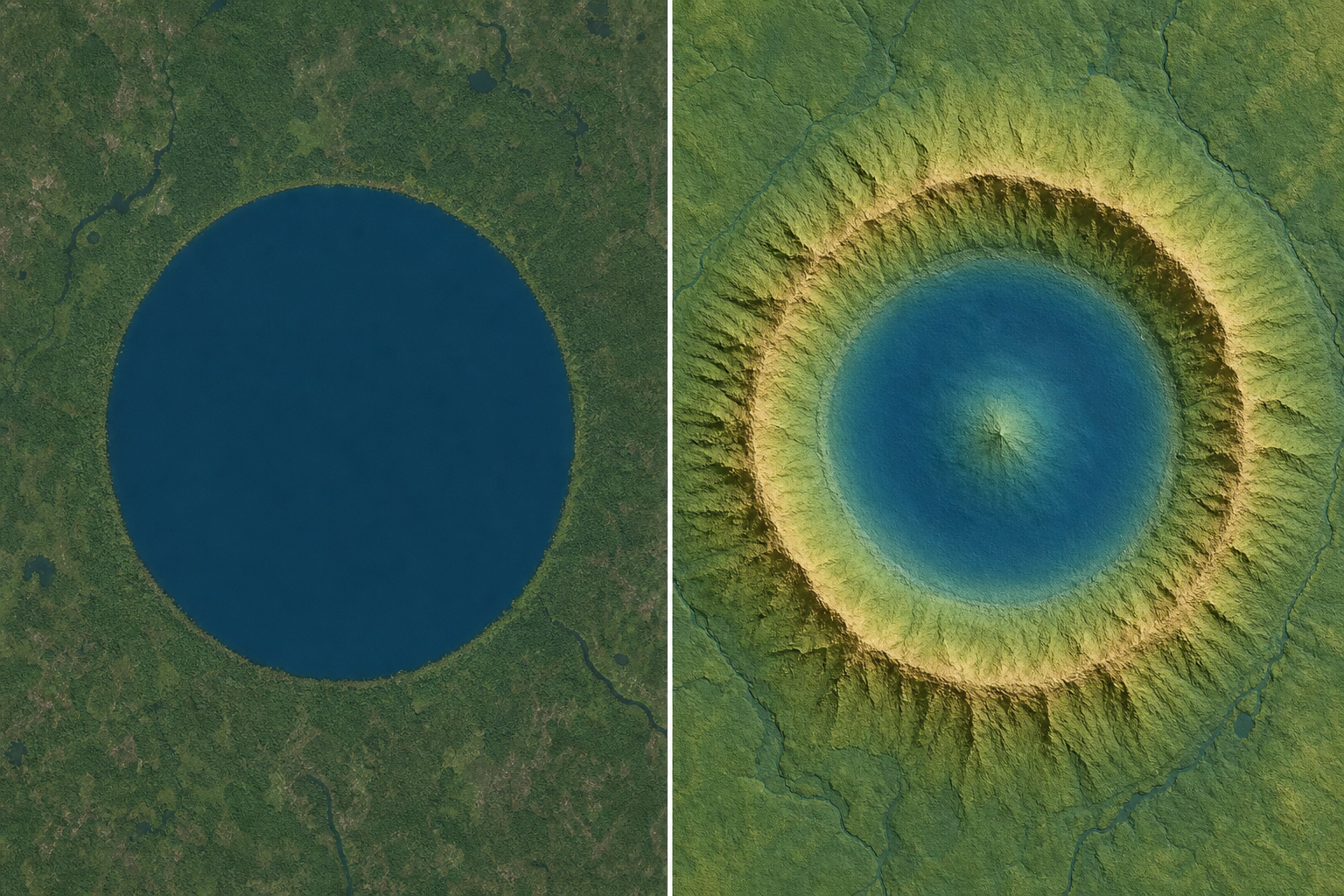 Split-screen comparison of a circular feature as flat imagery and as terrain relief with rim and bowl structure