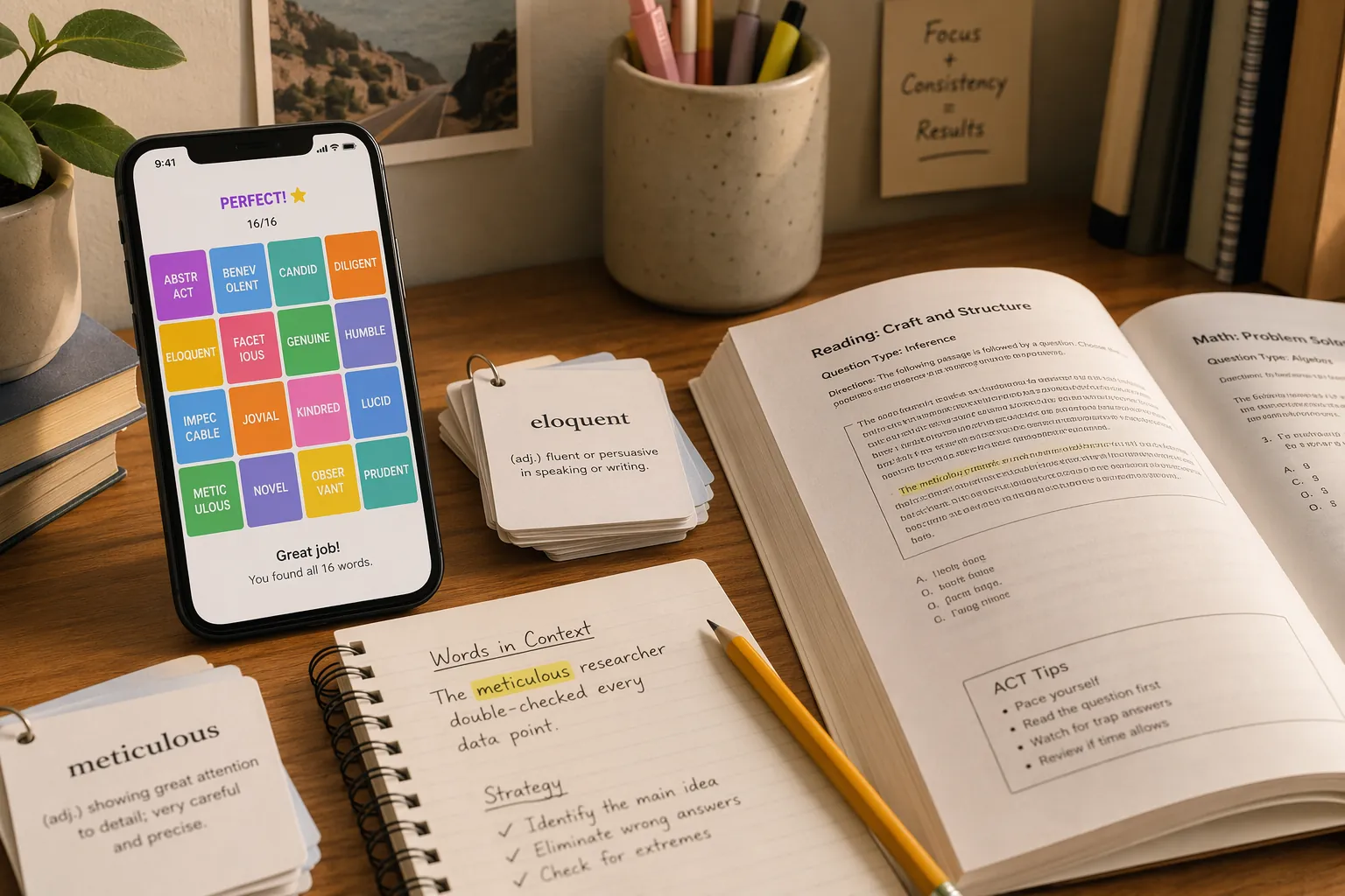Student desk with a phone puzzle beside SAT and ACT vocabulary flashcards