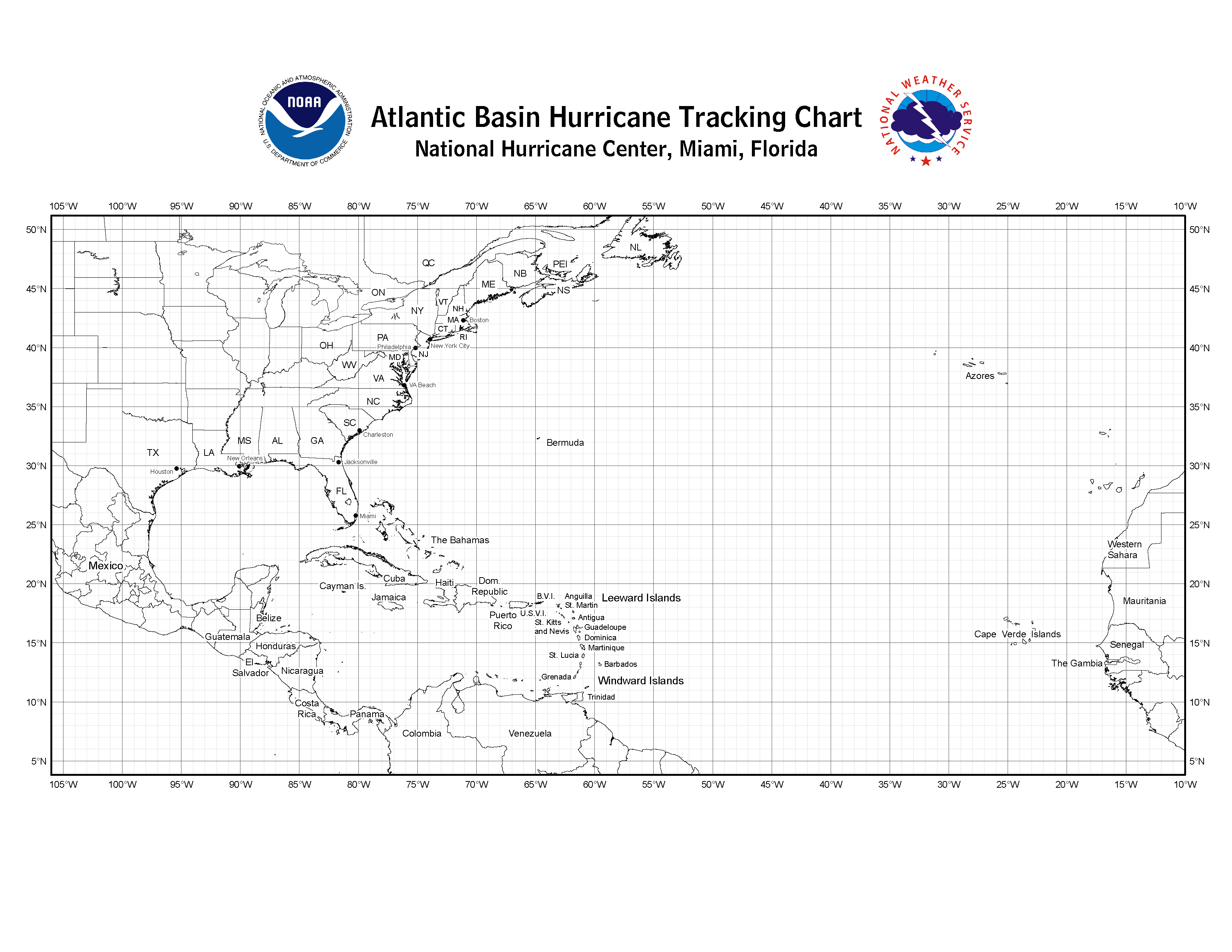 Official NHC blank Atlantic tracking chart with latitude and longitude grid lines