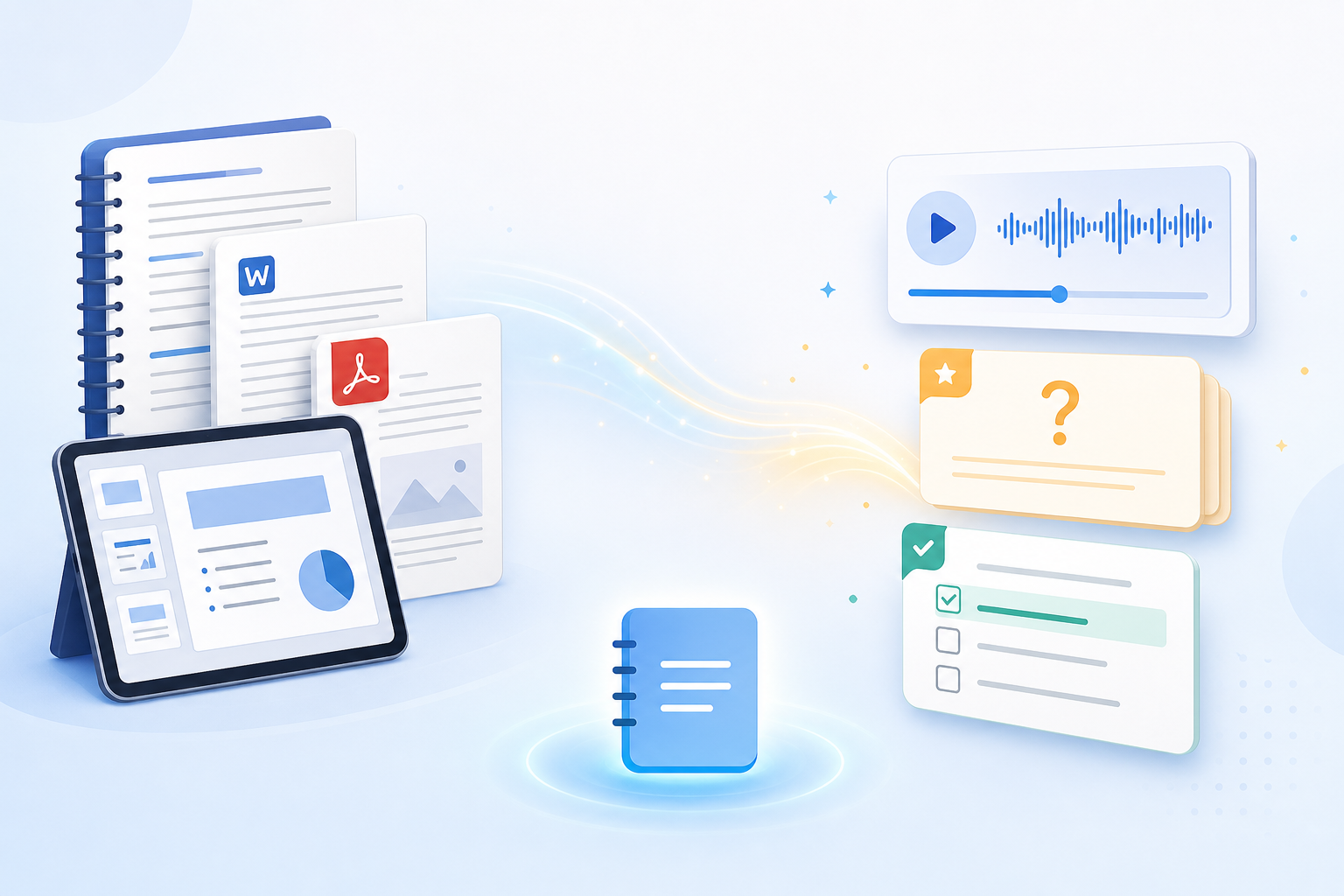 Flat illustration showing lecture notes and PDFs transforming into AI-generated study outputs including audio waveform, flashcard, and quiz cards