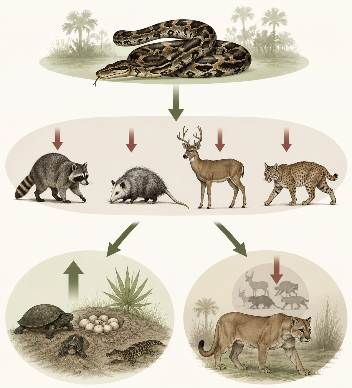 Trophic cascade diagram showing Burmese python predation on mammals and possible indirect effects on nests and Florida panthers