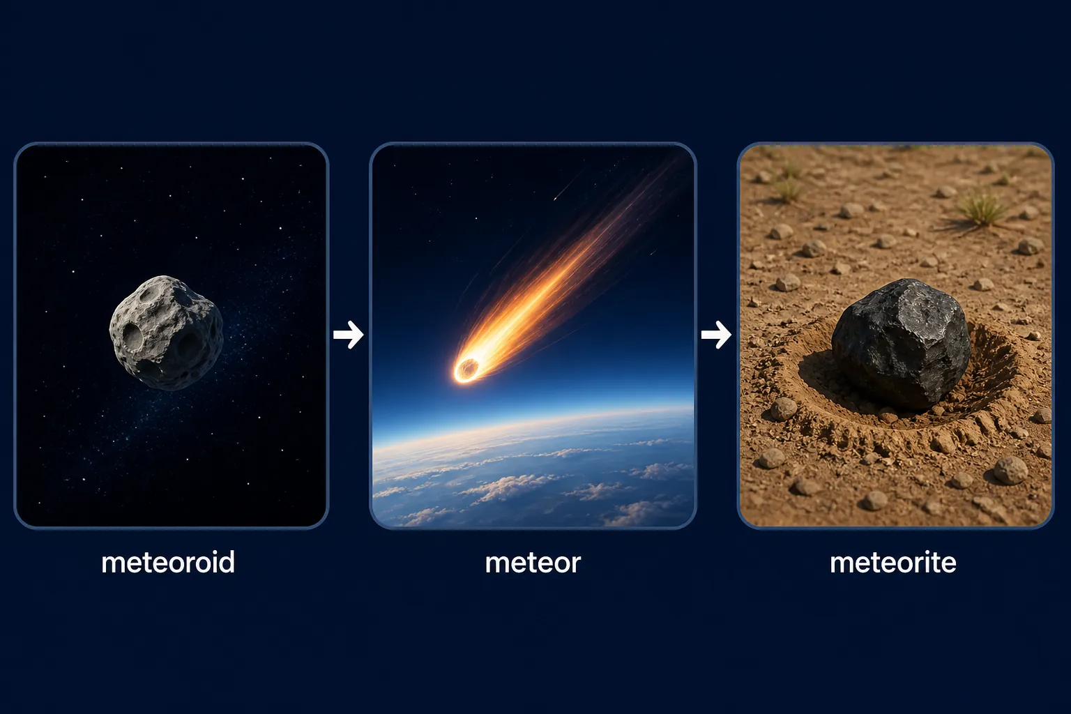 Three-panel meteoroid to meteor to meteorite chain diagram