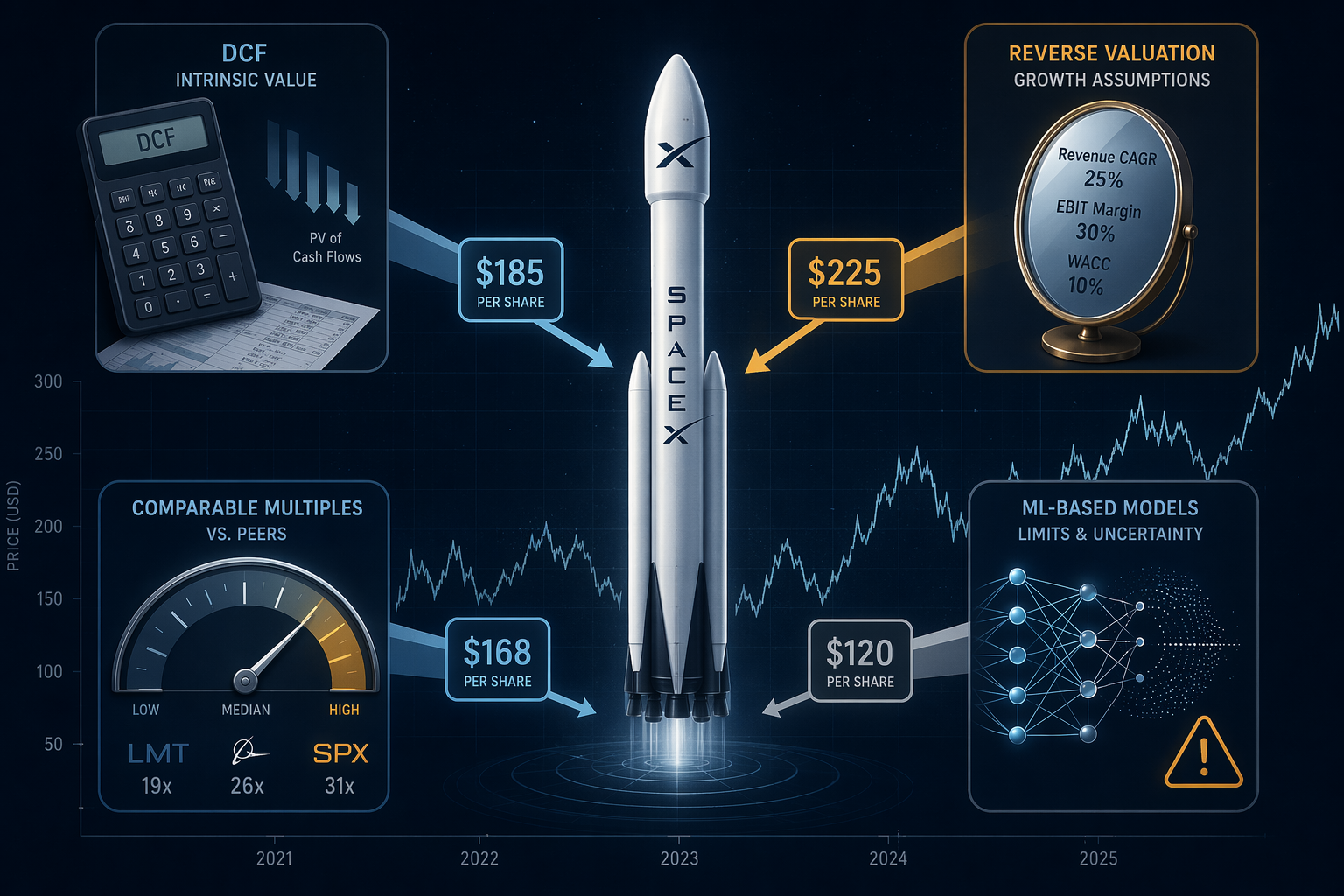 Four analytical tools projecting different price signals toward a rocket on a volatile stock chart