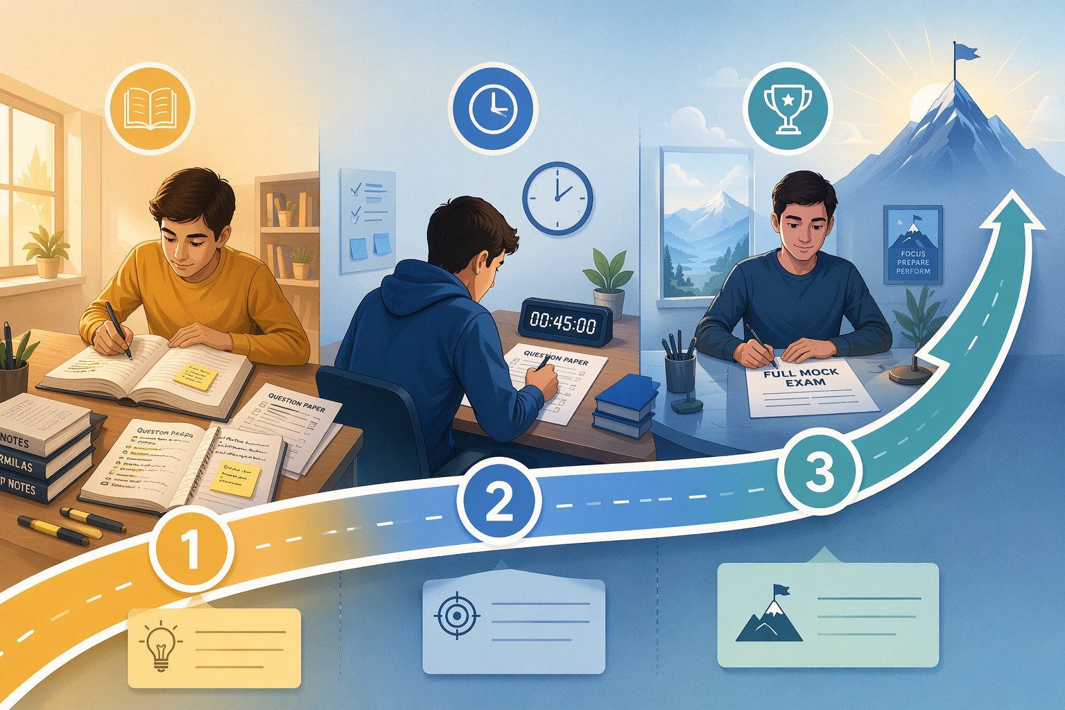 Three-phase timeline for past paper revision, moving from open-book practice to timed sections to full mock exams