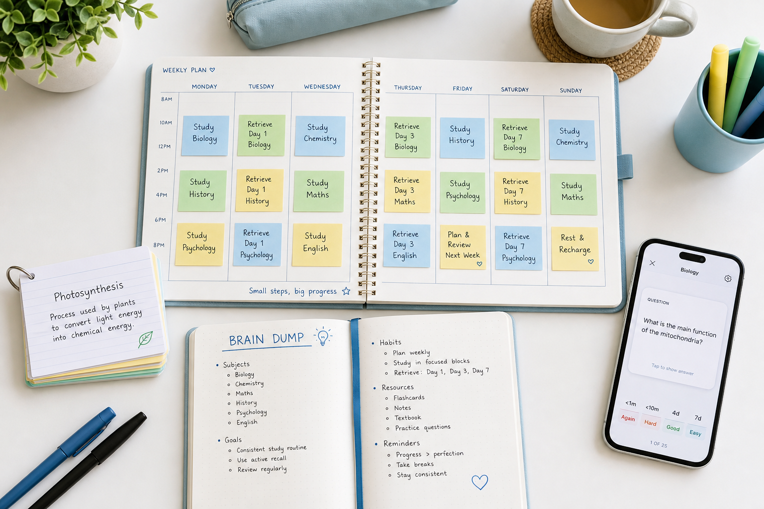 Top-down flat-lay of a weekly planner with labeled study blocks across seven days — Study, Retrieve Day 1, Retrieve Day 3, Retrieve Day 7 — alongside flashcards, a brain dump notebook, and a flashcard app on a smartphone.