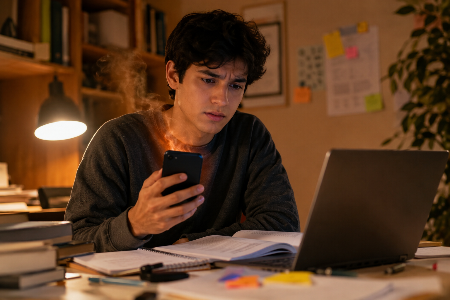 Student at a cluttered study desk holding a warm smartphone with concern