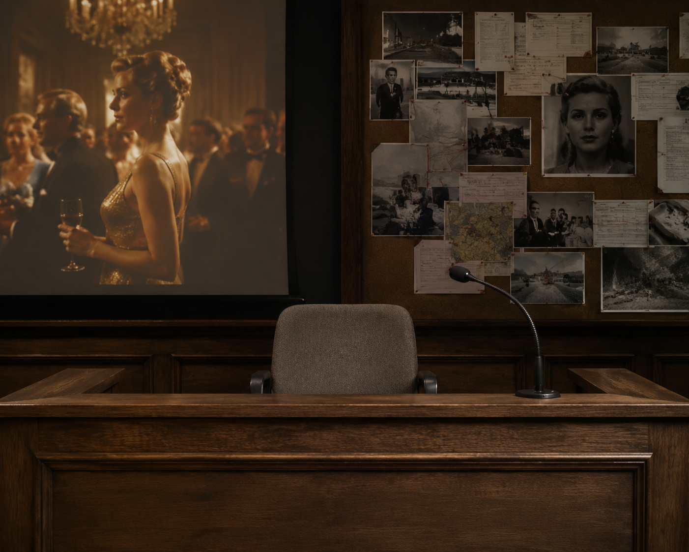 Empty witness stand between a glamorous movie screen and an evidence board